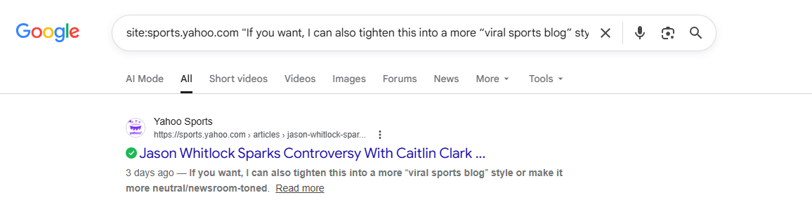 AI sentence appears in a Yahoo article