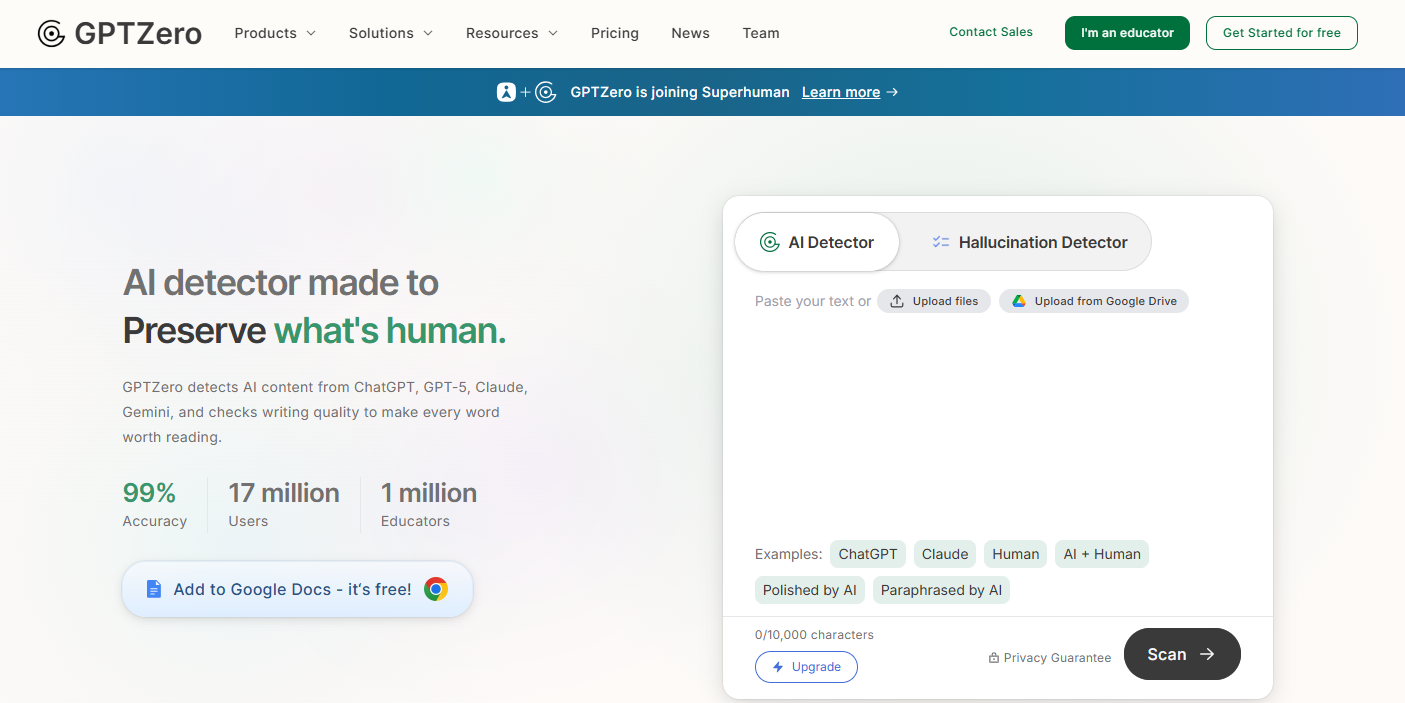 GPTZero Homepage