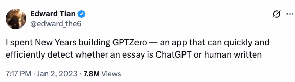 GPTZero founder tweets about new app