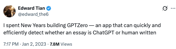 GPTZero founder tweets about new app