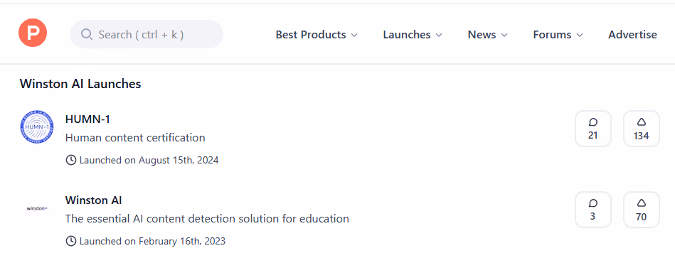Winston AI launches its AI content detection solution, as noted on Product Hunt