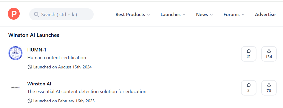 Winston AI launches its AI content detection solution, as noted on Product Hunt