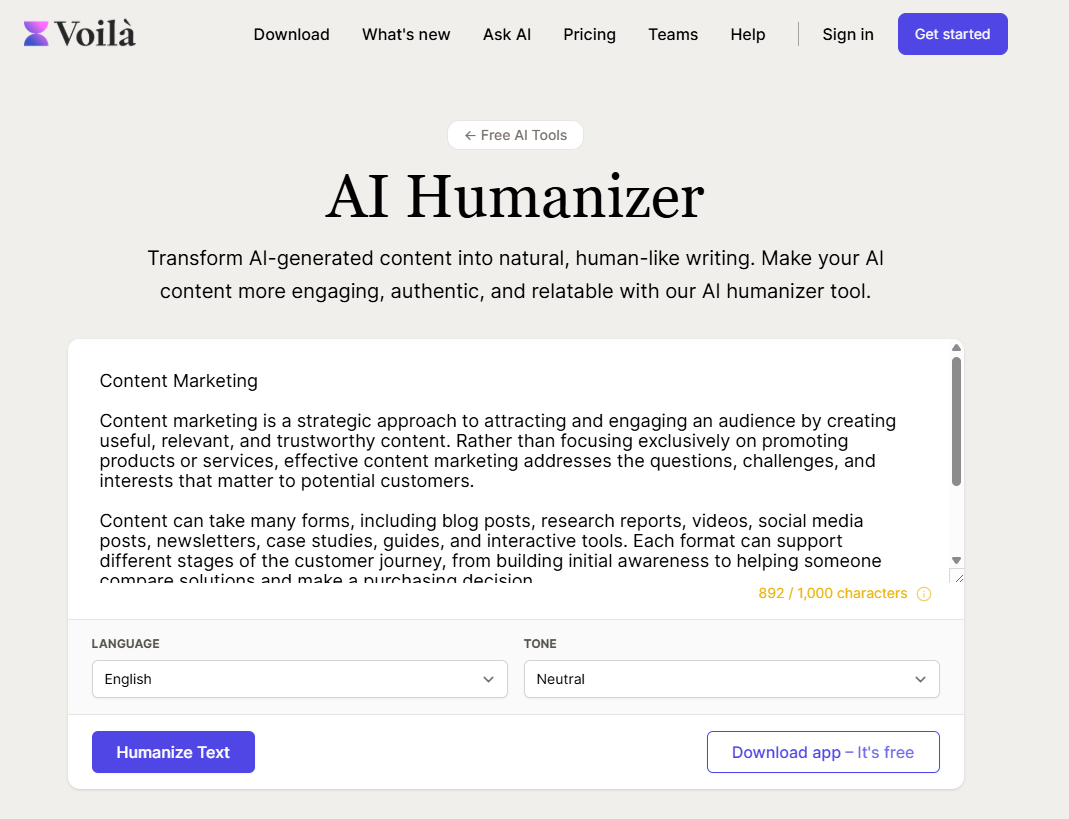 ChatGPT text input into the Voila AI Humanizer