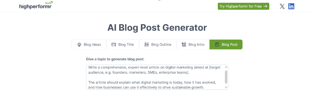Prompt in the Highperformr AI Blog Post Generator