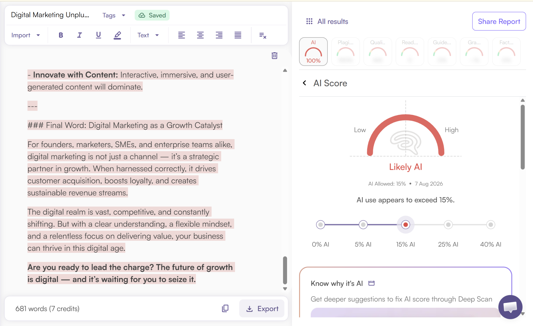Scan of Highperformr generated blog with AI Allowance