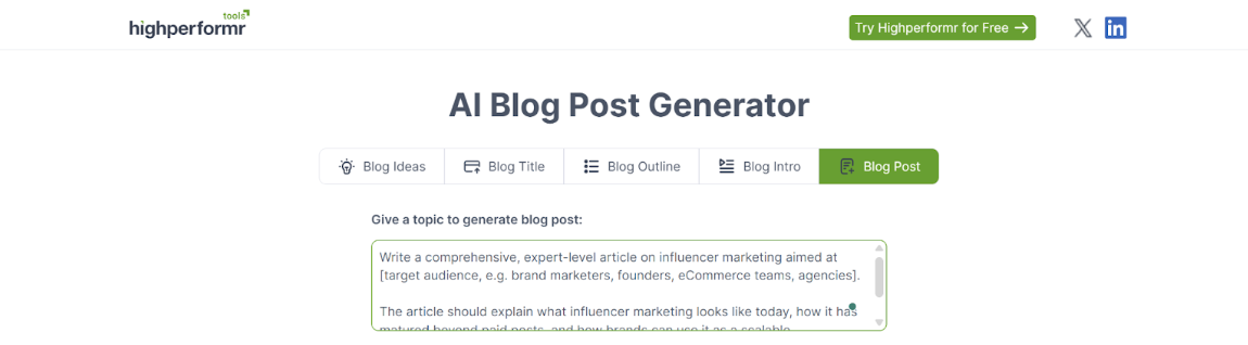 Prompt in the Highperform AI Blog Generator