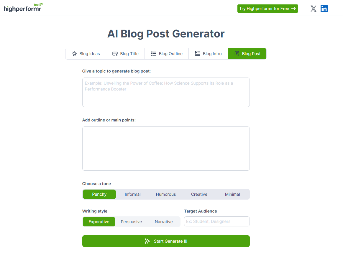 Highperformr’s AI Blog Post Generation Tool