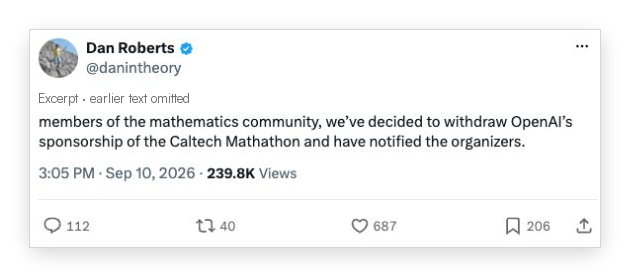 Dan Roberts’s X post announces OpenAI’s withdrawal from sponsoring the Caltech Mathathon. The screenshot shows 239.8K views and 687 likes.