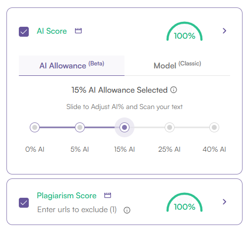 example of an AI Score and Plagiarism Score in the Originality.ai app