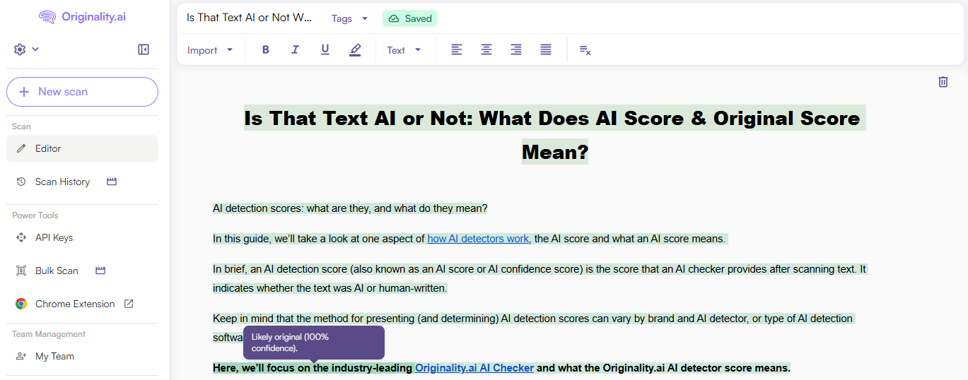 Example of sentence highlighting for human-written content in the Originality.ai app