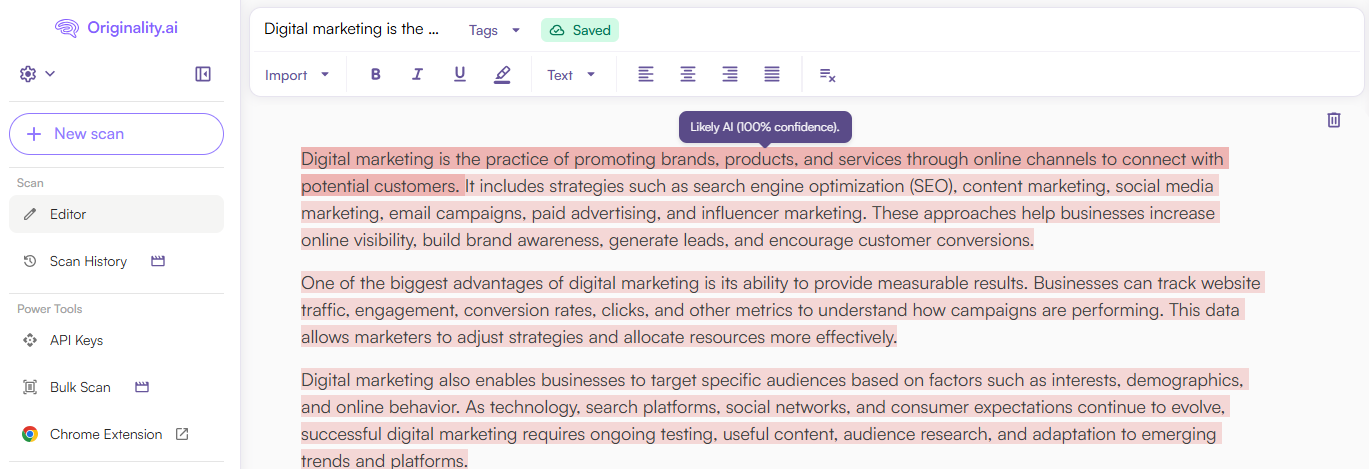 Originality.ai AI Detection Scan Highlighting the AI-Generated Text