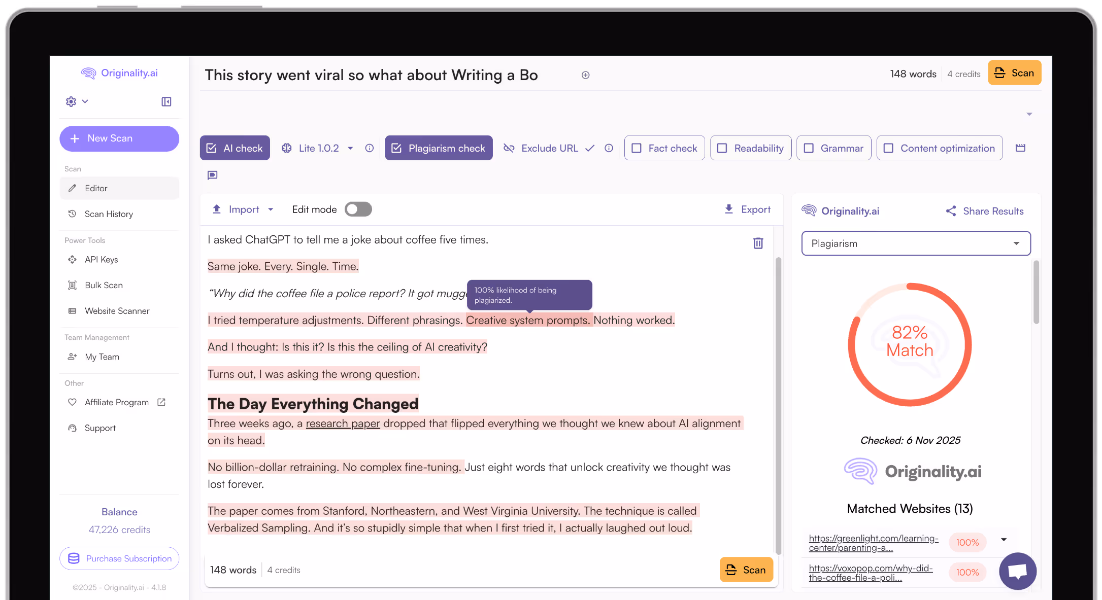 AI Checker, Plagiarism, Content Optimization, Readability & More!