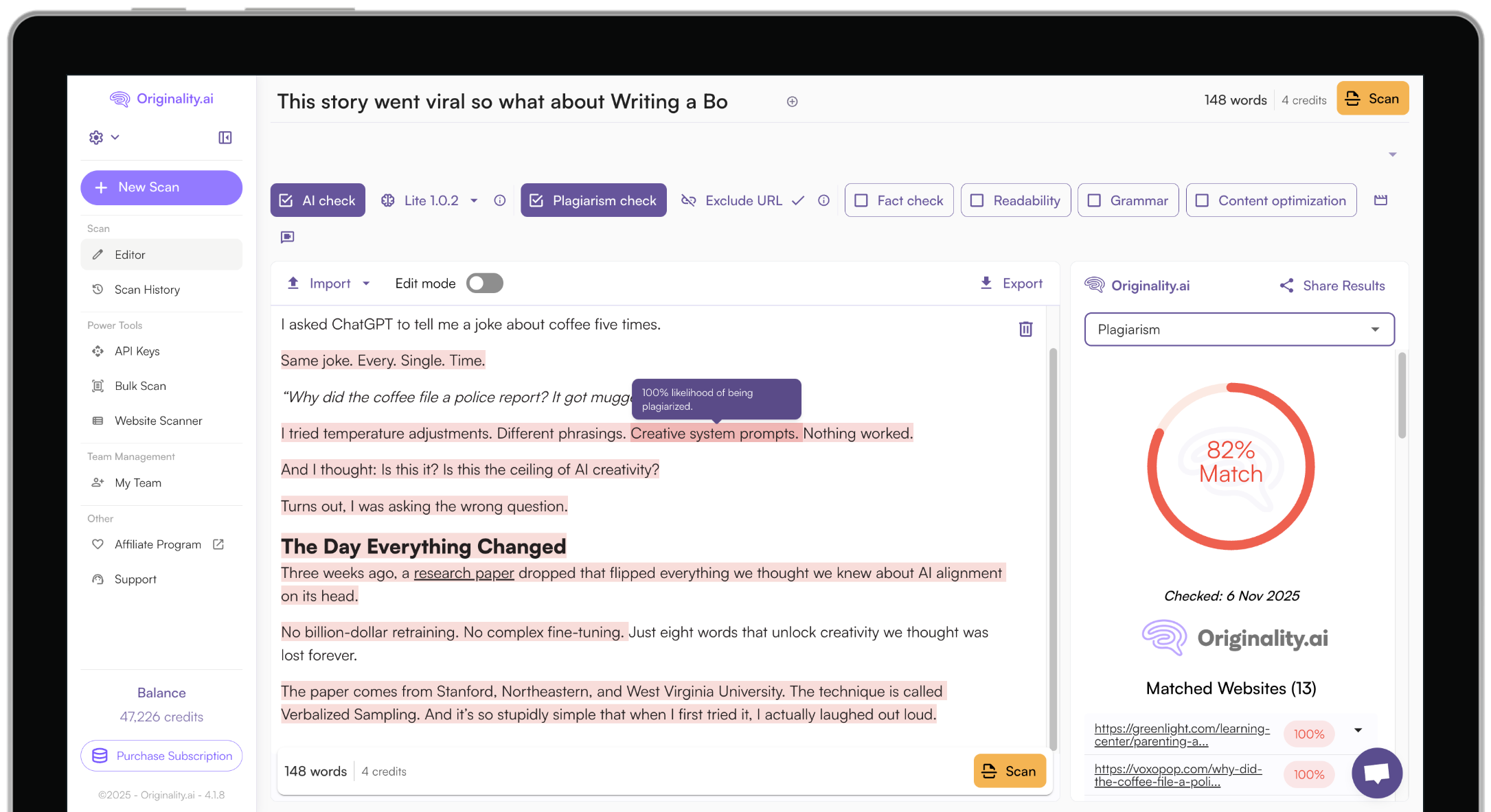 AI Checker, Plagiarism, Content Optimization, Readability & More!