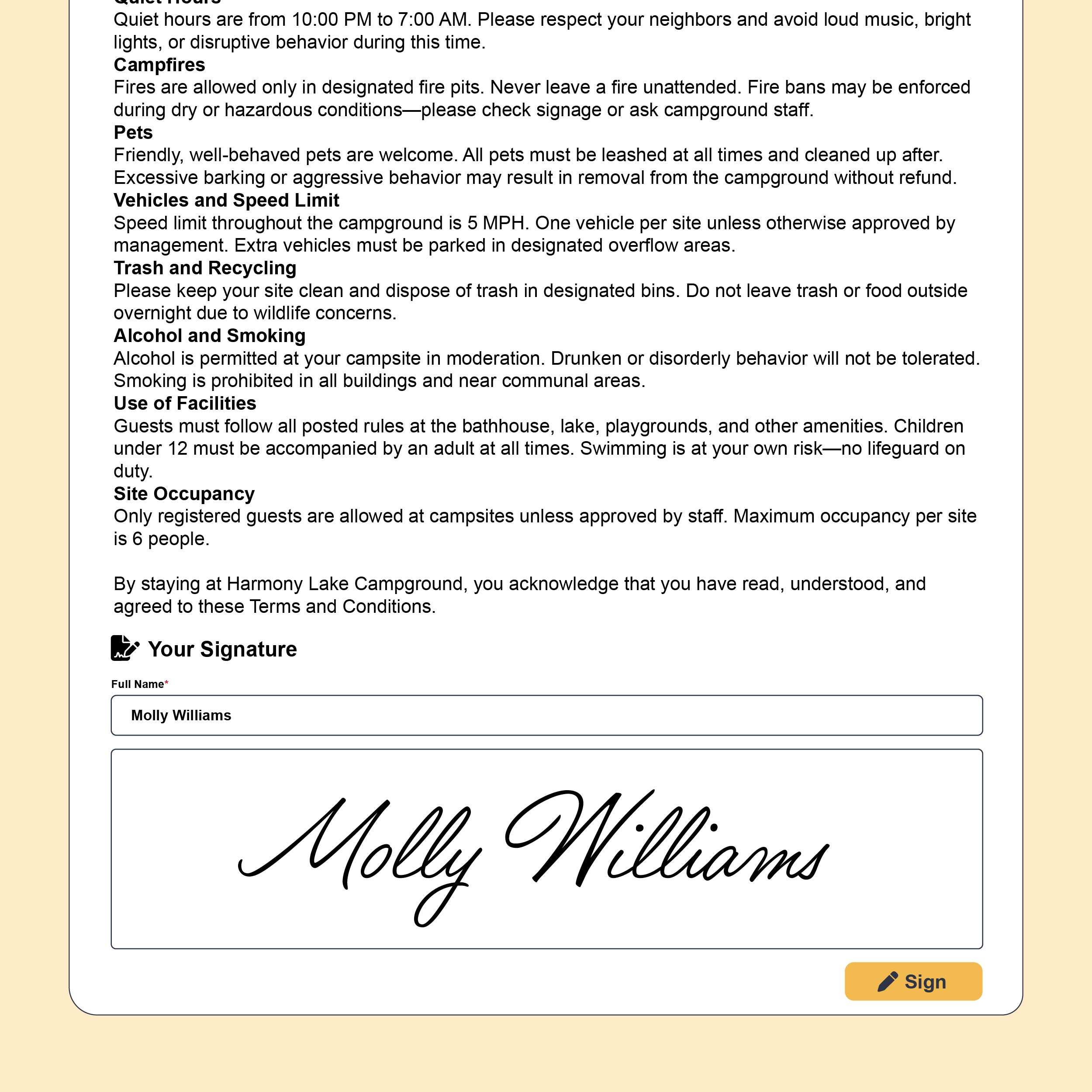 A black SUV approaches a campground entry station with a closed gate and cameras to read the front license plate..