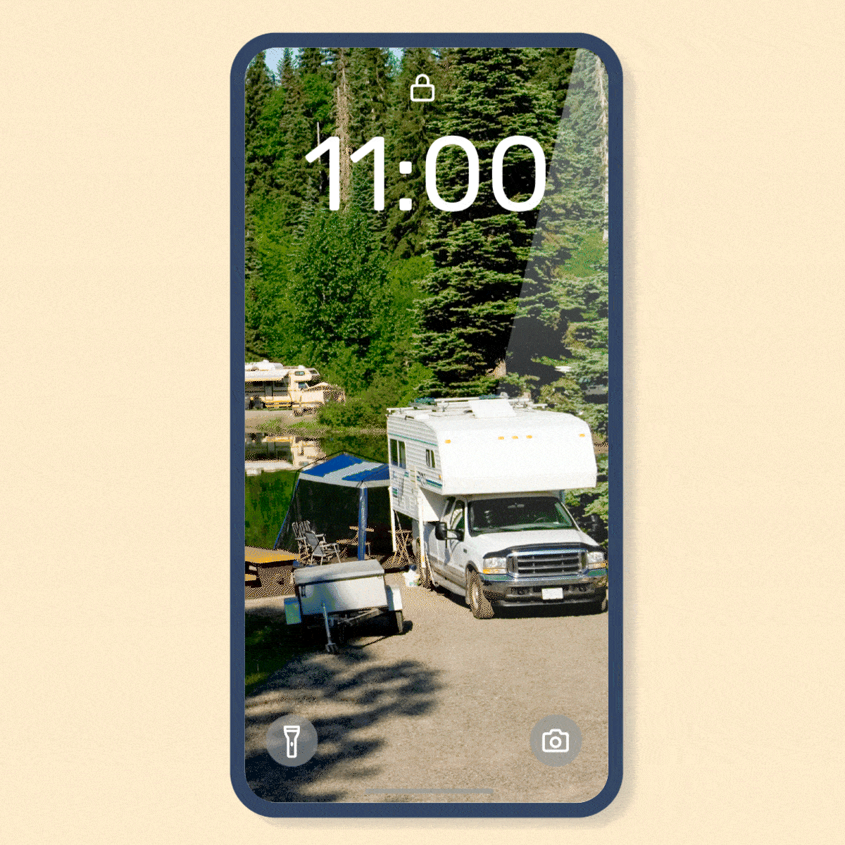 RV campers at a campsite with the lights on