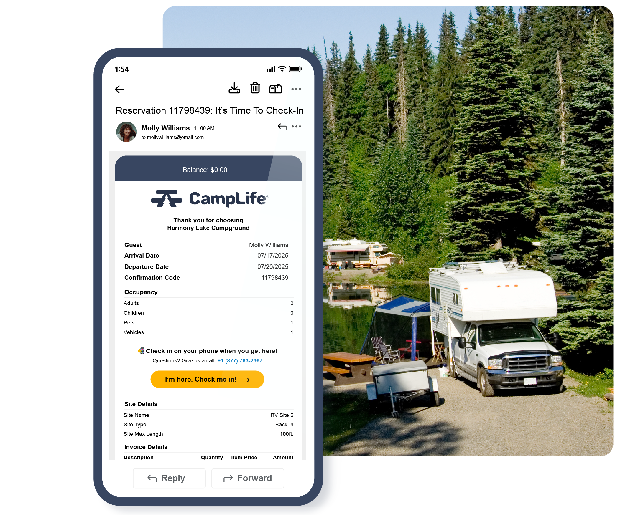 A tablet and a mobile phone running CampLife reservation software in a campground at springtime