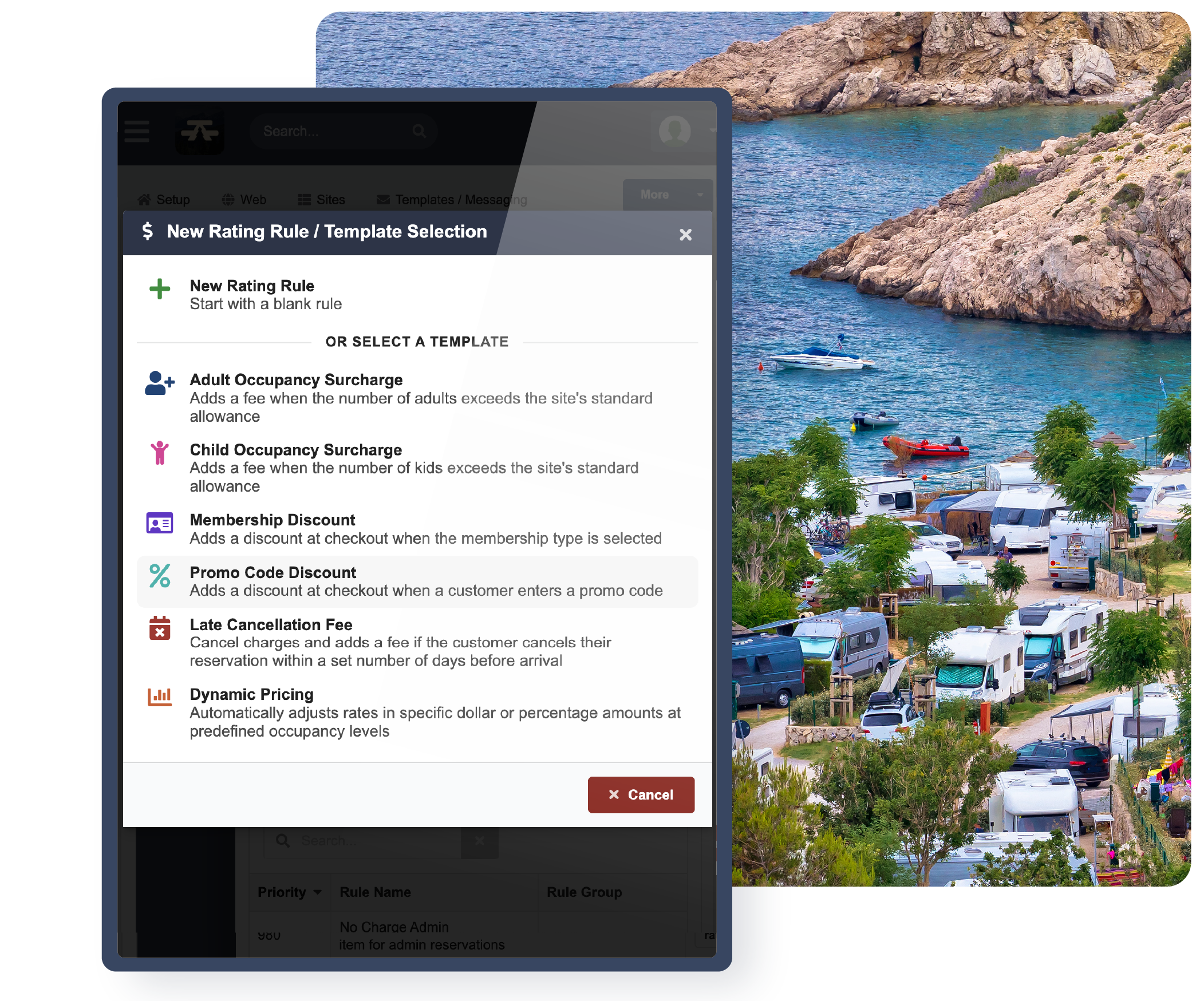 A tablet and a mobile phone running CampLife reservation software in a campground at springtime