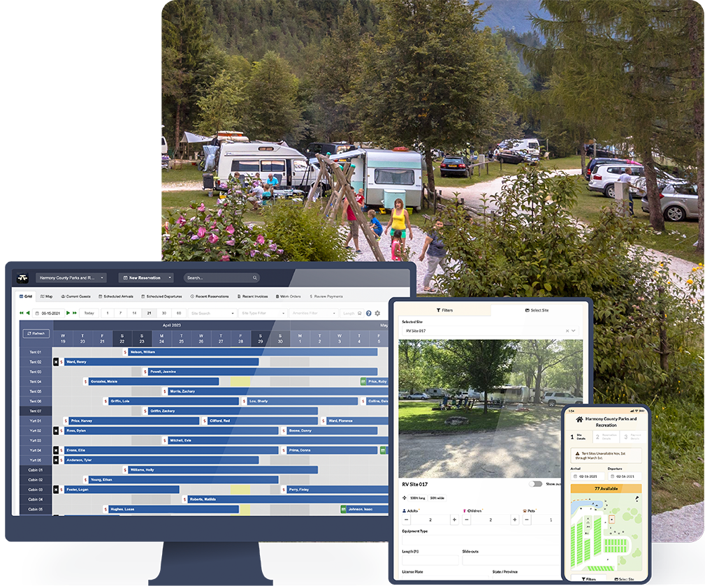 A tablet and a mobile phone running CampLife reservation software in a campground at springtime