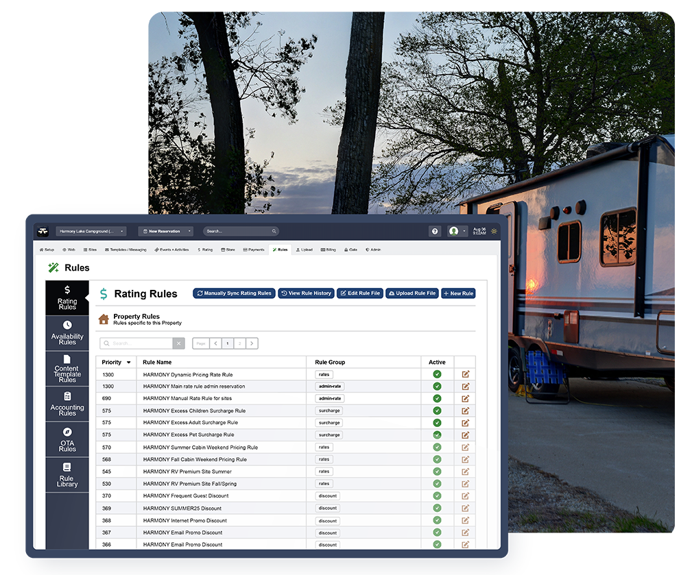 A tablet and a mobile phone running CampLife reservation software in a campground at springtime