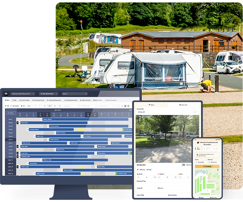 A tablet and a mobile phone running CampLife reservation software in a campground at springtime