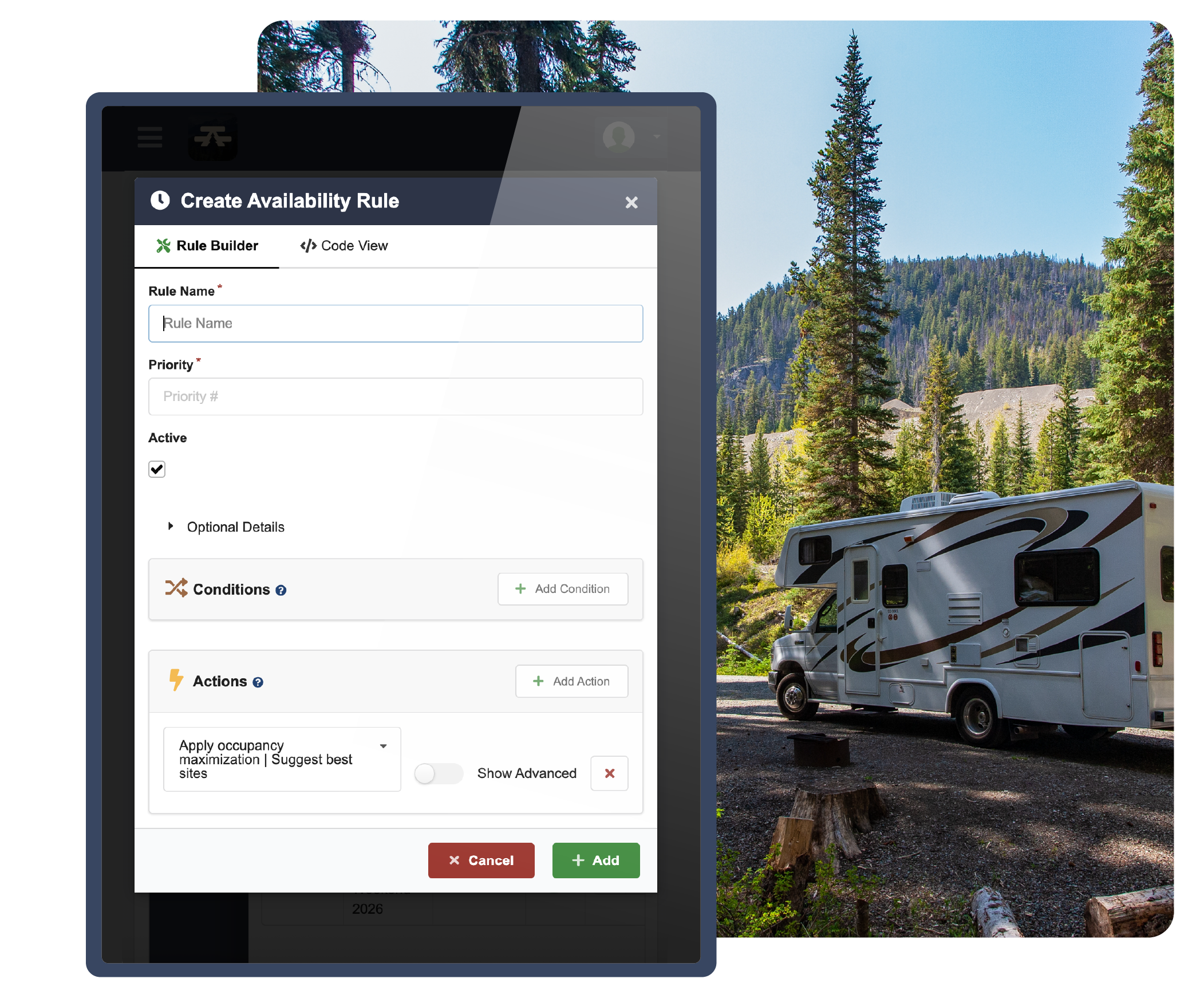 A tablet and a mobile phone running CampLife reservation software in a campground at springtime