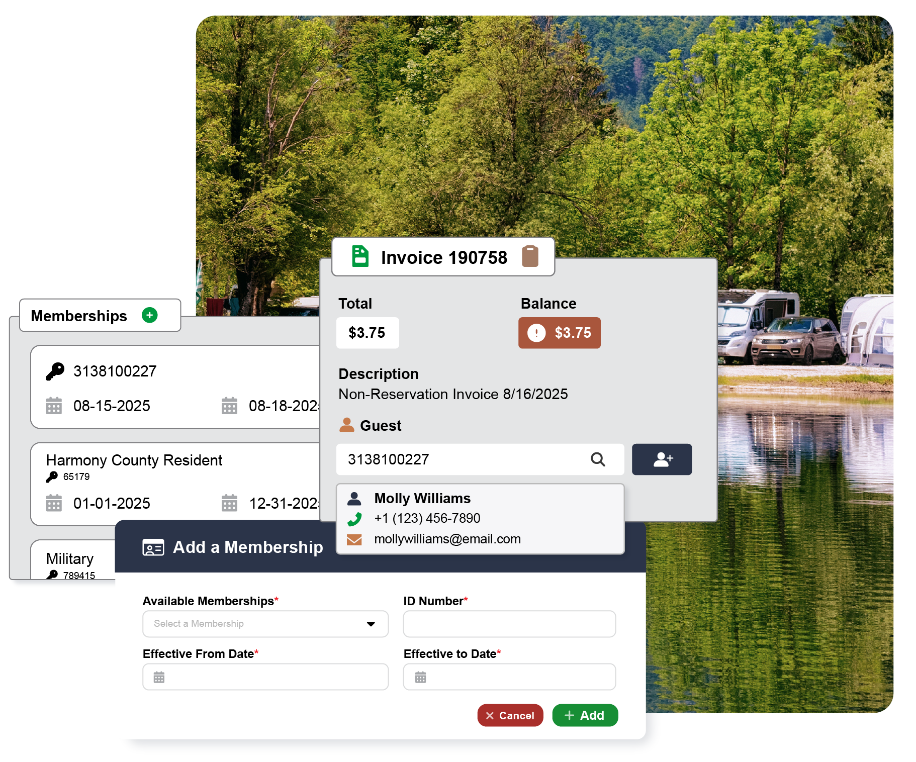 A tablet and a mobile phone running CampLife reservation software in a campground at springtime