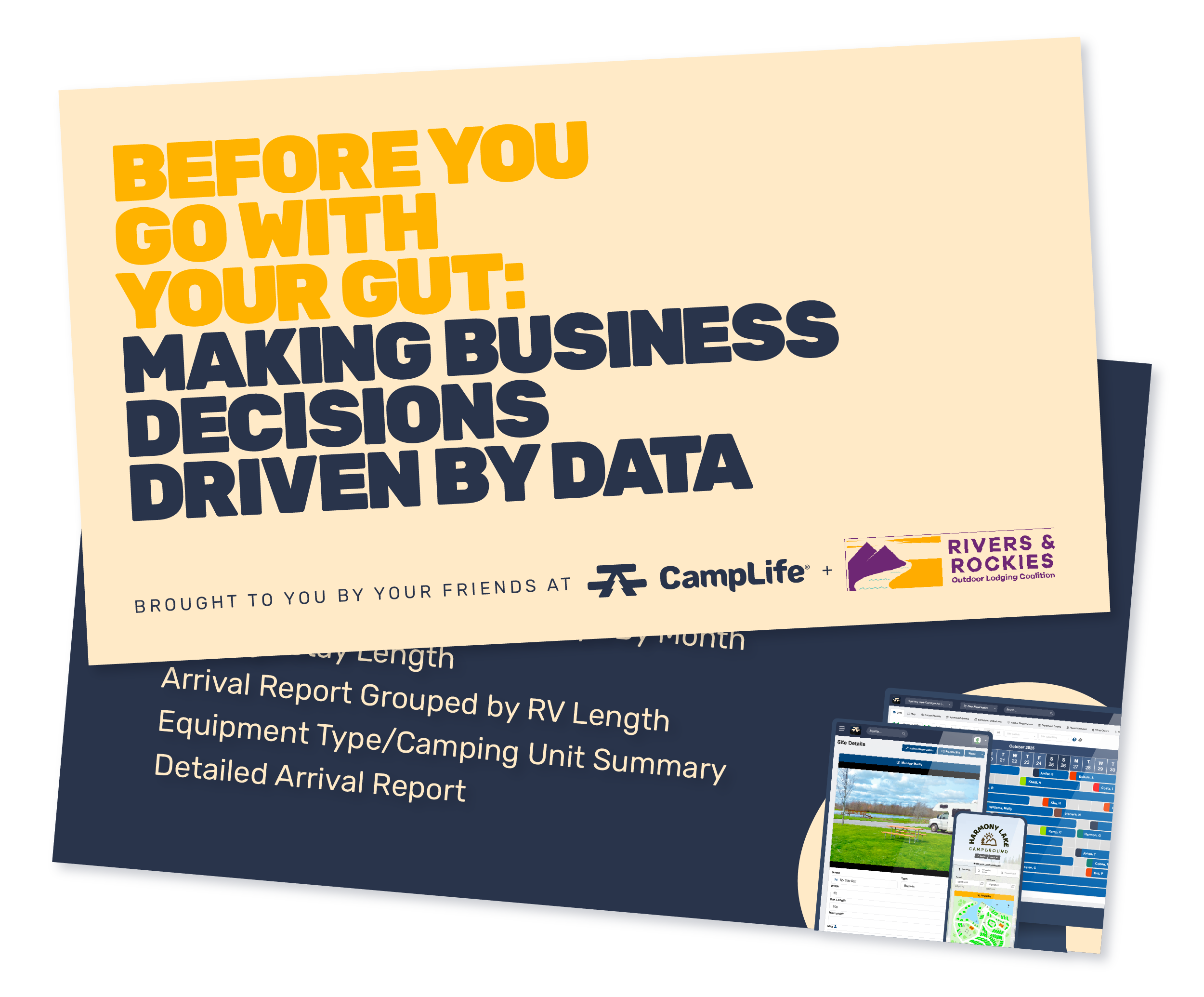 The cover of the software checklist PDF displaying a beachside campground with the title "How to Evaluate Reservation Software. Questions to Keep in Mind."
