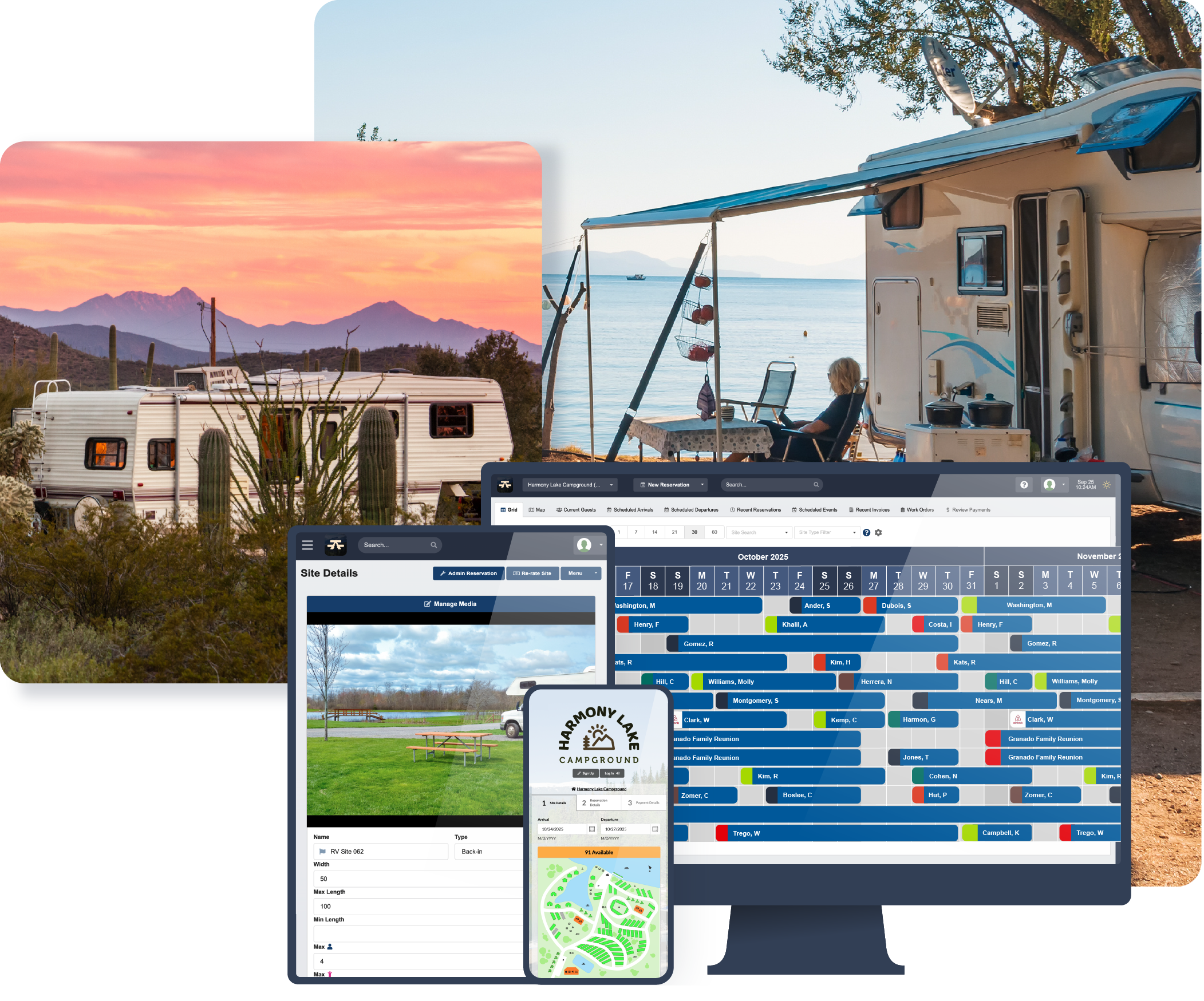 A tablet and a mobile phone running CampLife reservation software in a campground at springtime