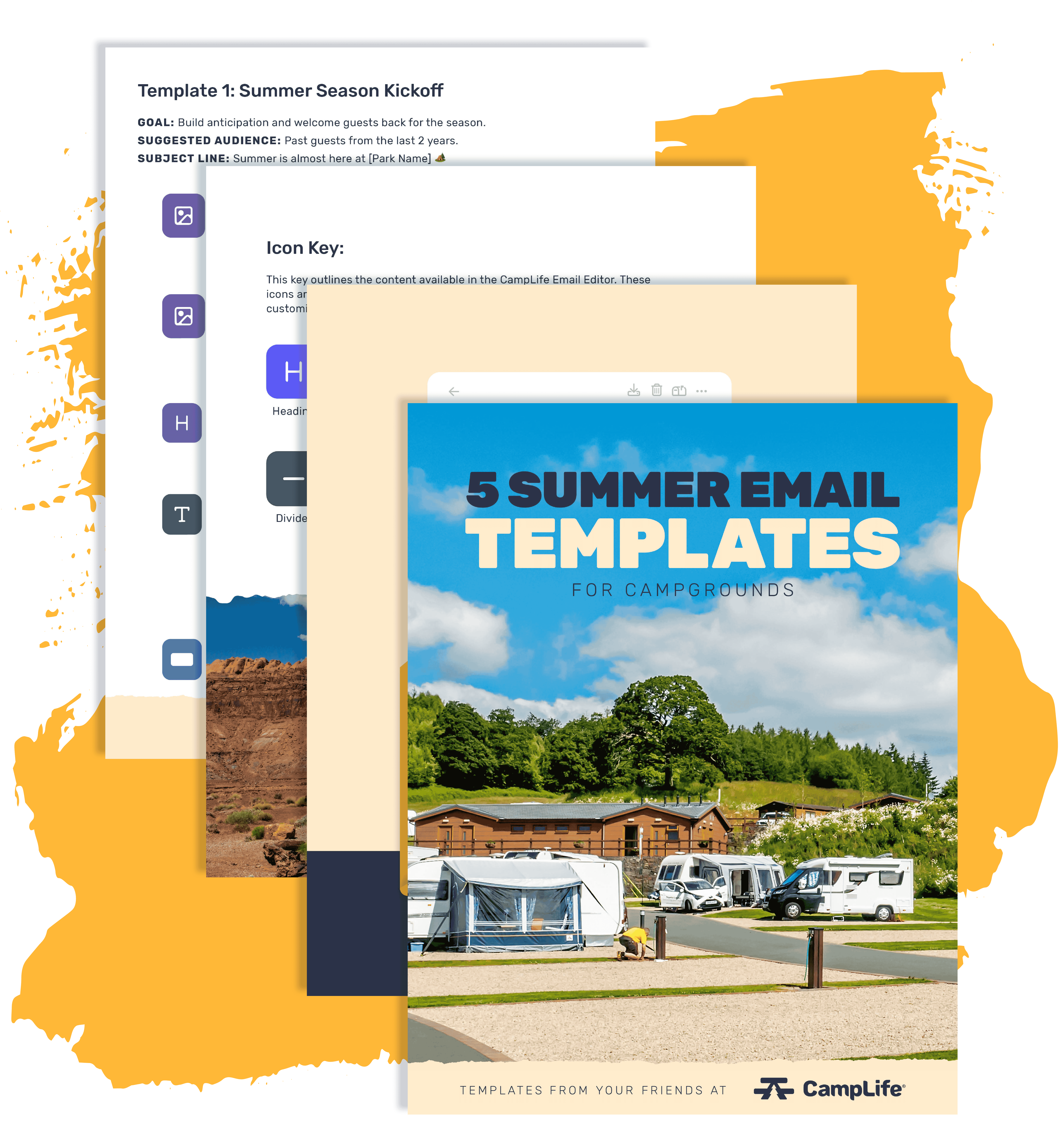The cover of the software checklist PDF displaying a beachside campground with the title "How to Evaluate Reservation Software. Questions to Keep in Mind."