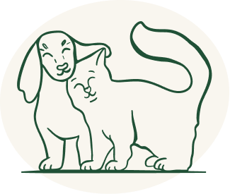 line drawing of a happy dog and cat snuggling together.