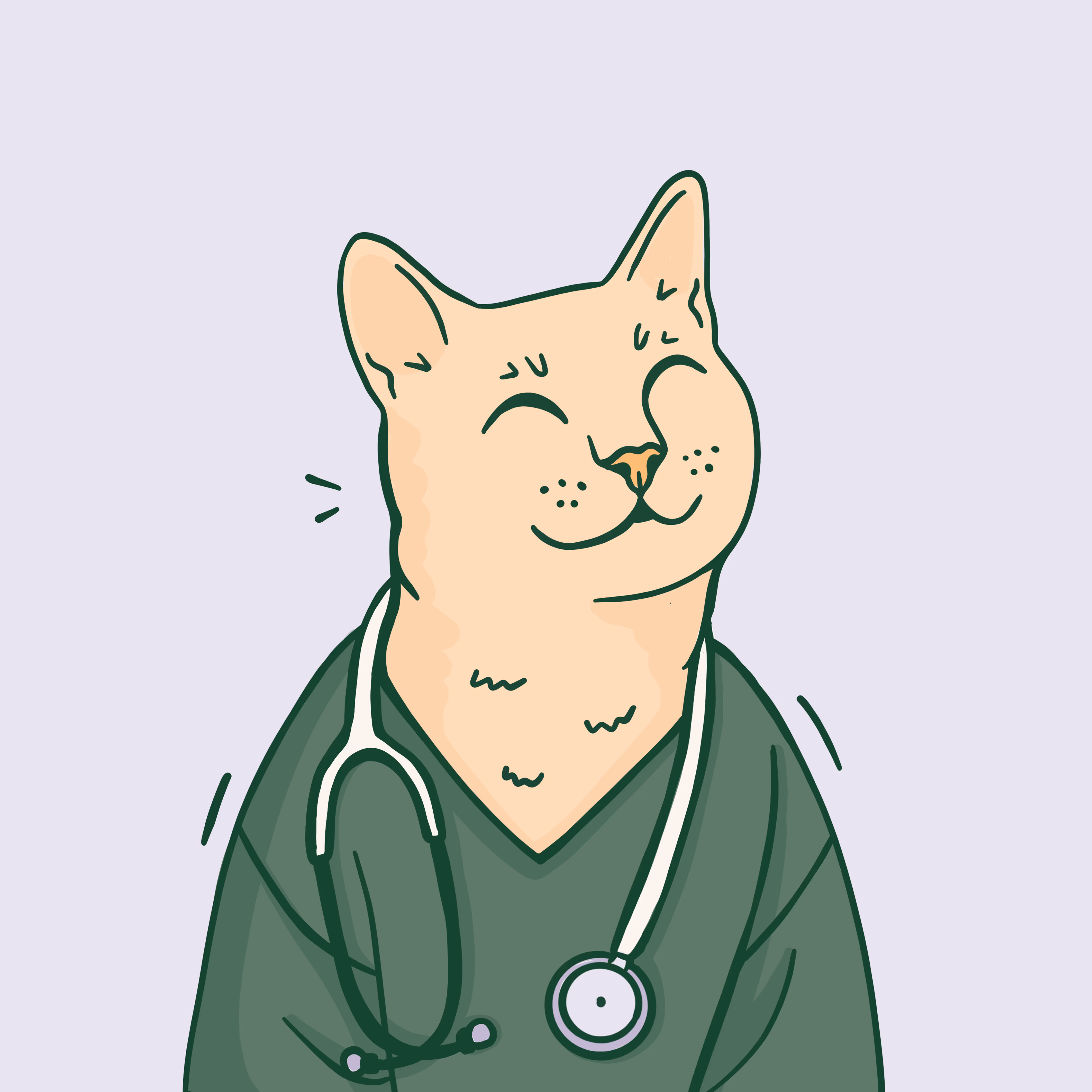A placeholder image of an Illustration of a smiling cat wearing green scrubs and a stethoscope around its neck.