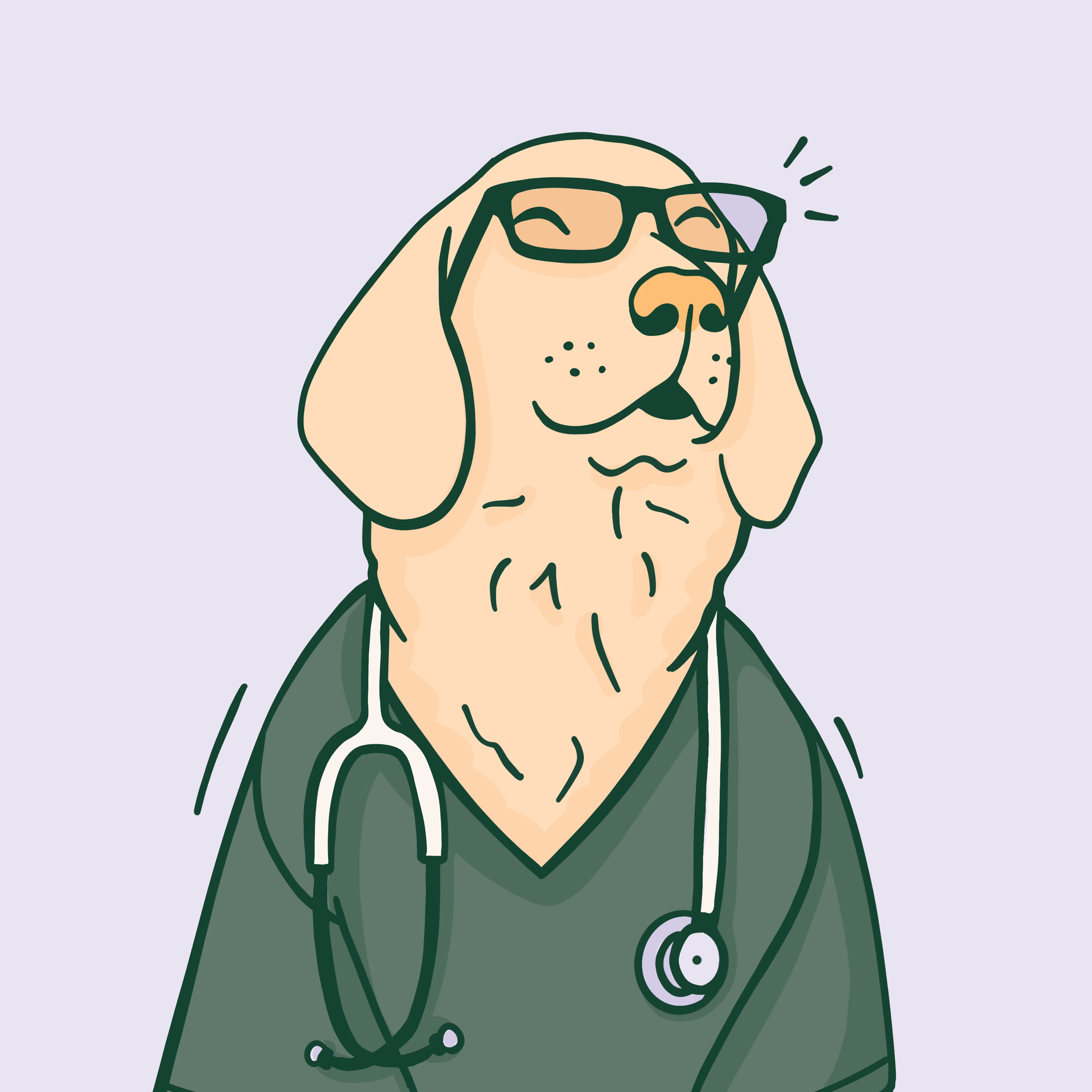 A placeholder image — Illustration of a dog wearing glasses and a doctor’s coat with a stethoscope around its neck.
