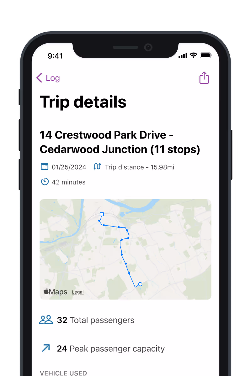 Mosaiq Go mobile app displaying real-time trip information for drivers.