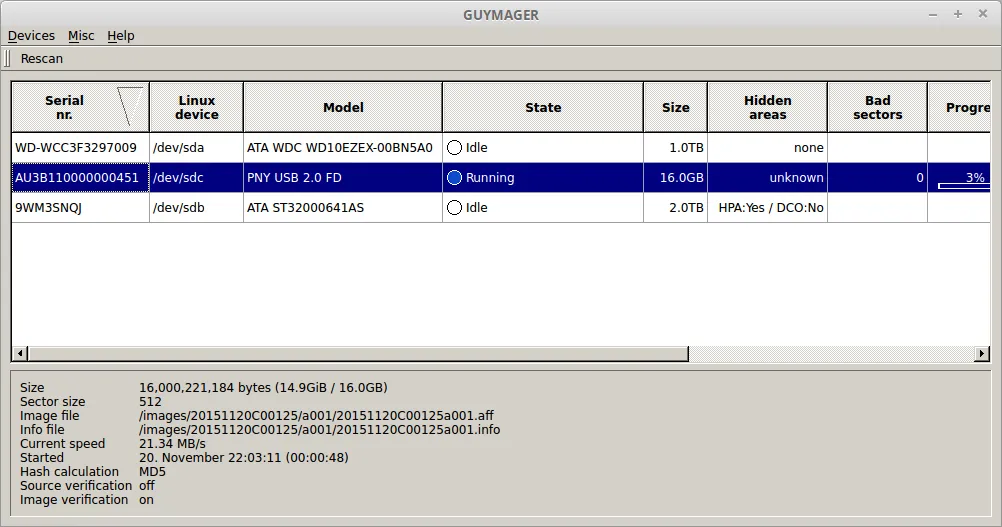 Screen shown while image acquisition is running