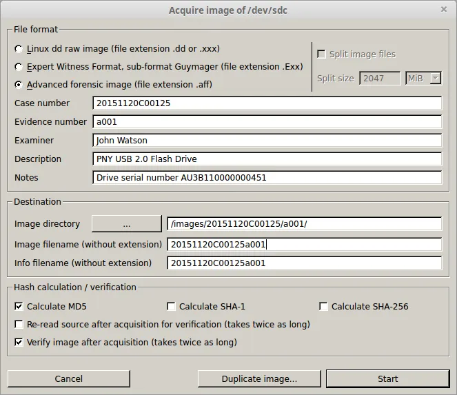 Guymager image acquisition dialog