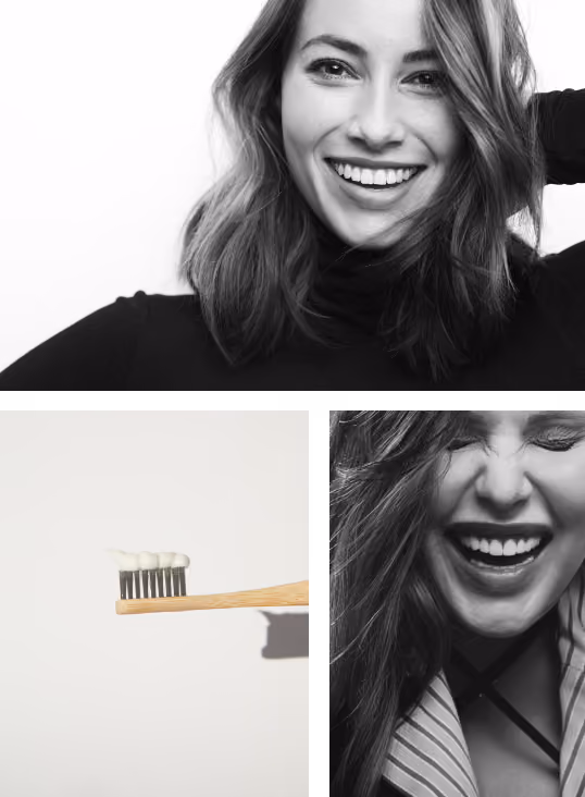 Collage of three black and white photos: a smiling woman with shoulder-length hair wearing a black turtleneck, a bamboo toothbrush with white toothpaste on its bristles, and a woman laughing with her eyes closed, wearing a striped shirt and a cross strap underneath.