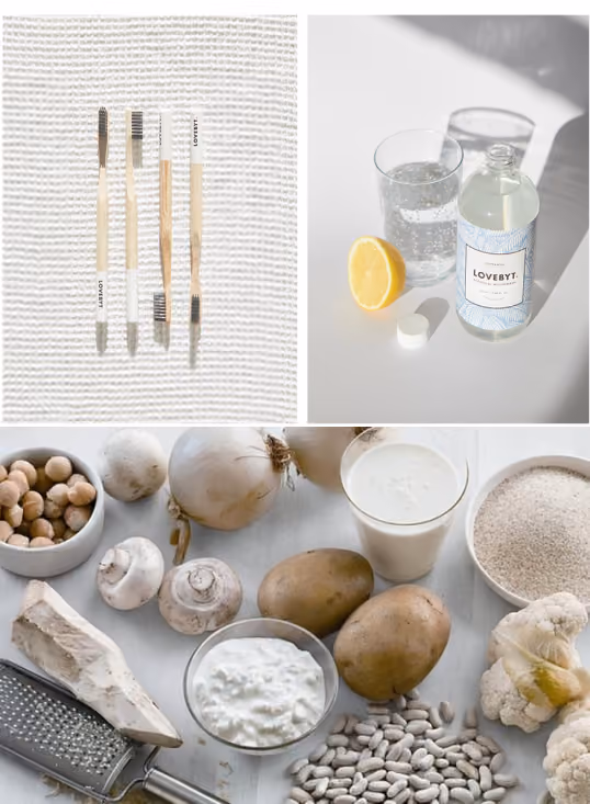 Collage of three images: top left shows four wooden toothbrushes with white bristles arranged on a textured white cloth; top right features a bottle of Lovebyt oral mouthwash, an open cap, a lemon half, and a glass of sparkling water on a white surface; bottom displays various healthy foods including white beans, potatoes, cauliflower, mushrooms, cottage cheese, soybeans, oats, a root vegetable, and a metal grater on a light background.