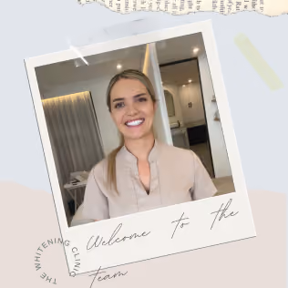 Smiling woman with light hair pulled back, wearing a beige top in a room with shelves and curtains, with text below reading 'Welcome to the team'.