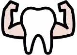A stylized white tooth with muscular human arms flexing on each side, symbolizing strong dental health.