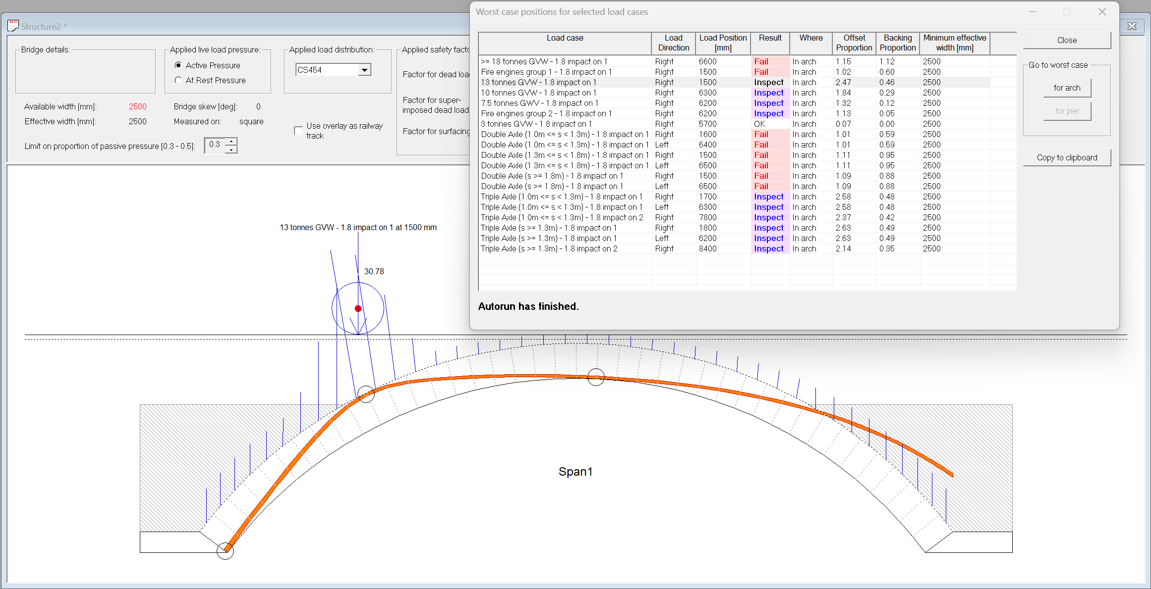 Screenshot from version 2.7.0 of Archie-M, showing autorun results colour coded and clearly distinguishing cases where the thrust remains in the ring, passes into backing, and passes out of masonry entirely.