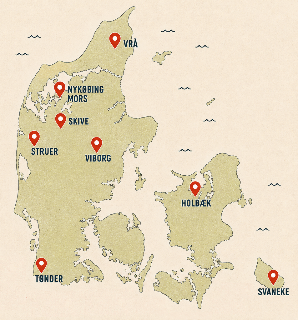 Danmarkskort med værtsbyer