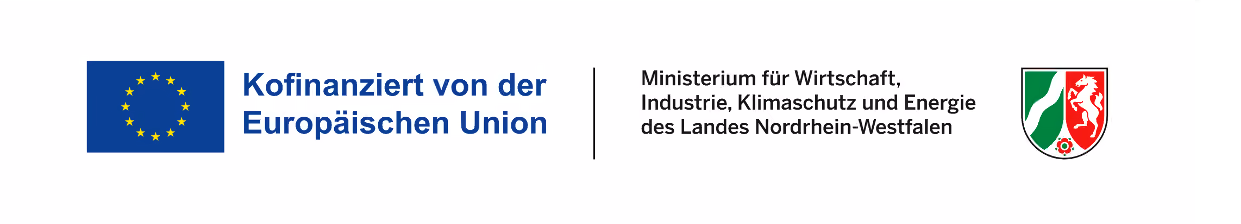 European Union flag with text about co-financing and a logo for North Rhine-Westphalia ministry.