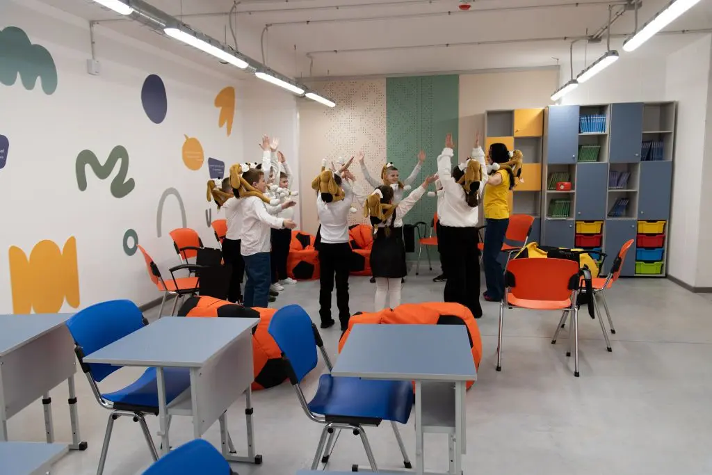 A teacher conducts a lesson with children in an underground school on Dec. 14, 2024 in Zaporizhzhia.
