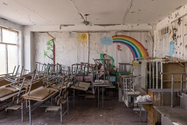 Classroom in Ukraine wrecked from war. 