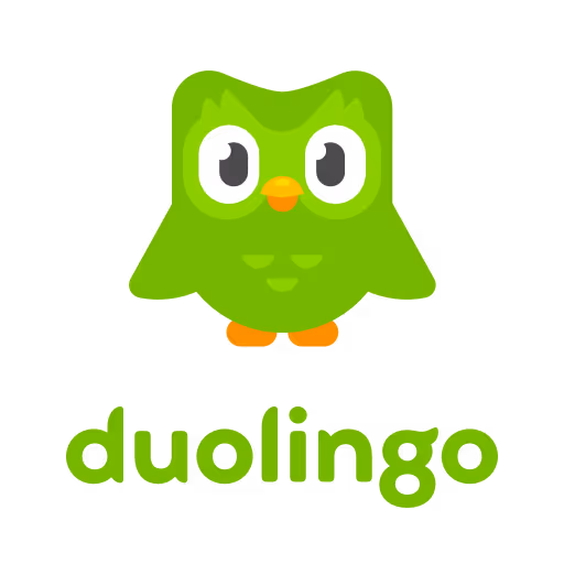 Duolingo-Logo: grünes Eulen-Maskottchen „Duo“ über dem grünen, abgerundeten Schriftzug „duolingo“ auf weißem Hintergrund.
