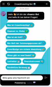 Smartphone-Screenshot eines Chatbots „Crowdinvesting Bot“ mit Willkommensnachricht („Hallo, ich bin der chaanz-Bot …“) und vielen Themen-Buttons: „Was ist Crowdinvesting?“, „Chancen vs. Risiko“, „Was ist ein Exit?“, „Zeichnungsprozess“, „sichere Abwicklung“, „zwei Deals“, „Laufzeiten“, „Finanzinstrument“, „persönliche Beratung“; unten ein Texteingabefeld.