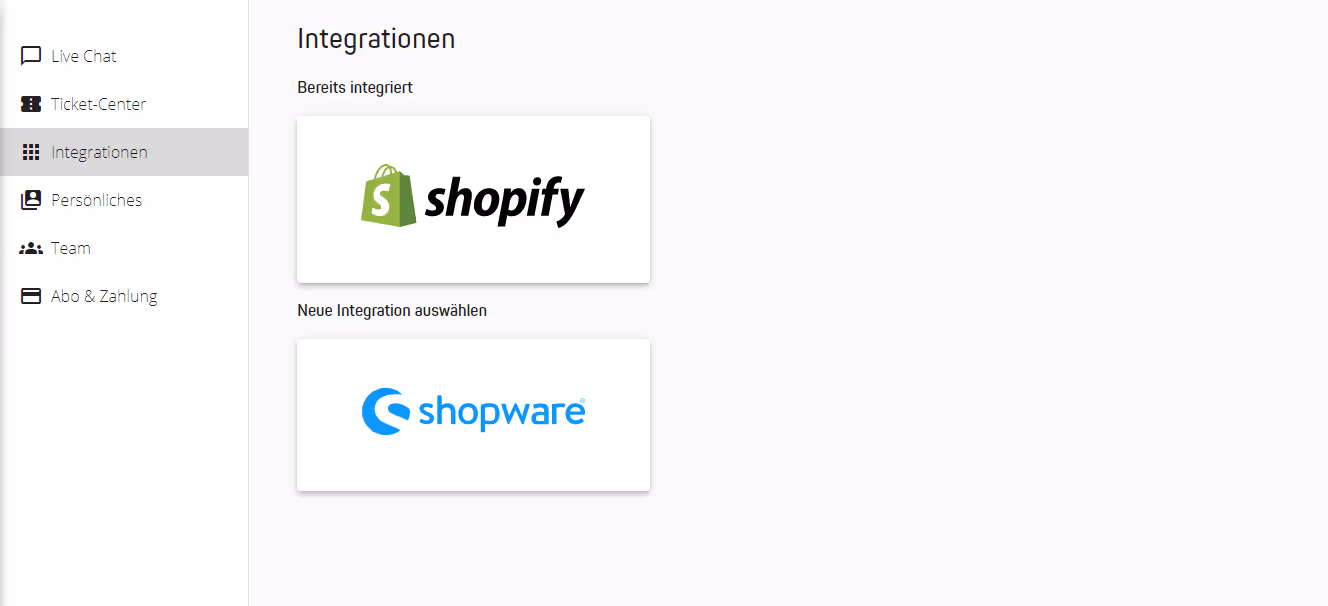 Screenshot der Plattform-Einstellungen „Integrationen“. Bereich „Bereits integriert“ mit Shopify-Logo (bereits verbunden) und darunter „Neue Integration auswählen“ mit Shopware-Logo. Linke Seitenleiste: Live Chat, Ticket-Center, Integrationen (markiert), Persönliches, Team, Abo & Zahlung.