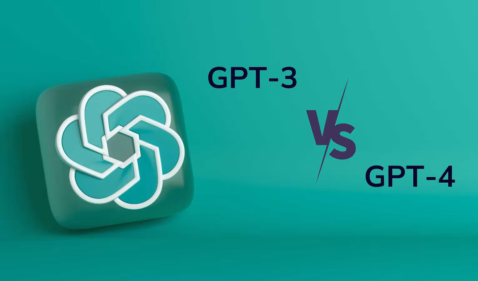 ergleichsgrafik auf türkisfarbenem Hintergrund: links ein 3D-ChatGPT/OpenAI-Logo, rechts die Wörter „GPT-3“ und „GPT-4“, getrennt durch ein stilisiertes „VS“ – Symbol für Modellvergleich.
