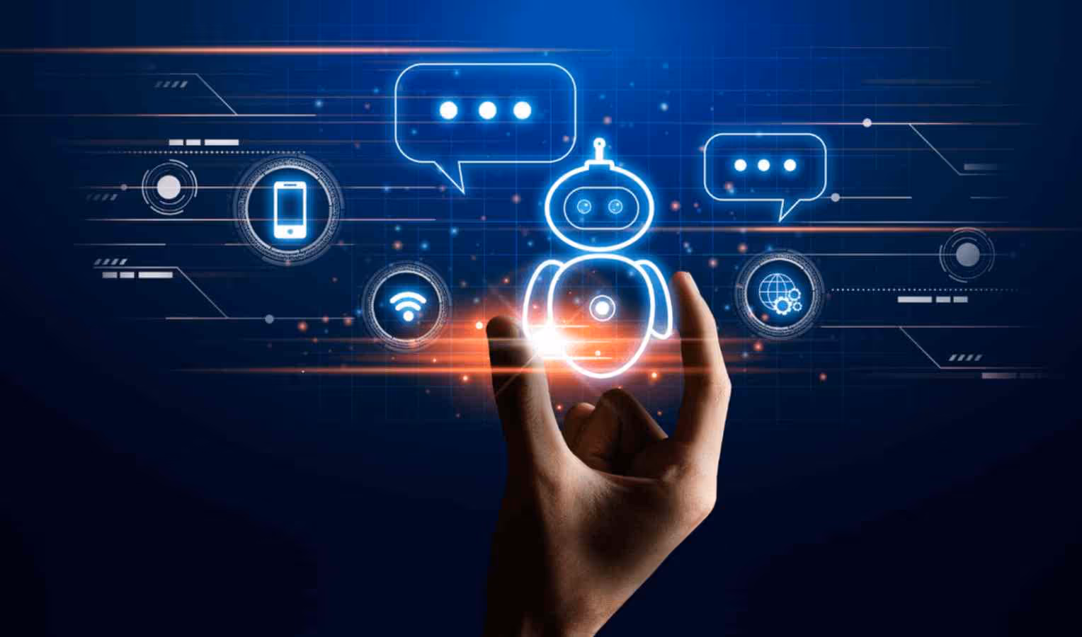 Hand greift per Pinch-Geste nach einem leuchtenden Chatbot-Symbol; umgeben von Sprechblasen und Icons für Smartphone, WLAN und Globus auf futuristischer Oberfläche.