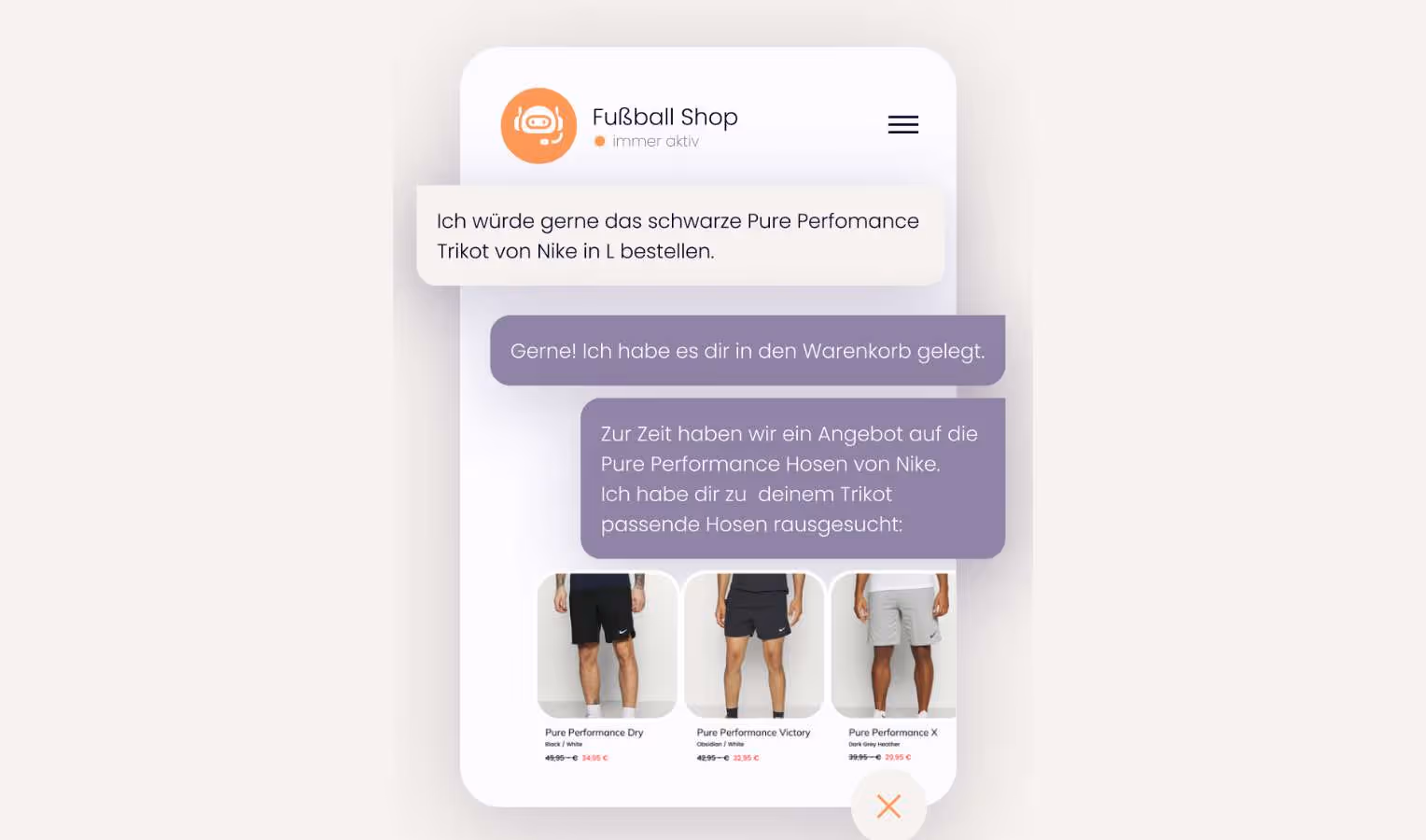 Mobile Chatbot-UI „Fußball Shop“. Nutzer bittet: „Ich würde gerne das schwarze Pure Performance Trikot von Nike in L bestellen.“ Bot bestätigt „in den Warenkorb gelegt“ und zeigt Angebote mit passenden Nike-Shorts (Pure Performance Dry, Victory, X) als drei Produktkacheln mit reduzierten Preisen; unten ein runder Schließen-Button (X).
